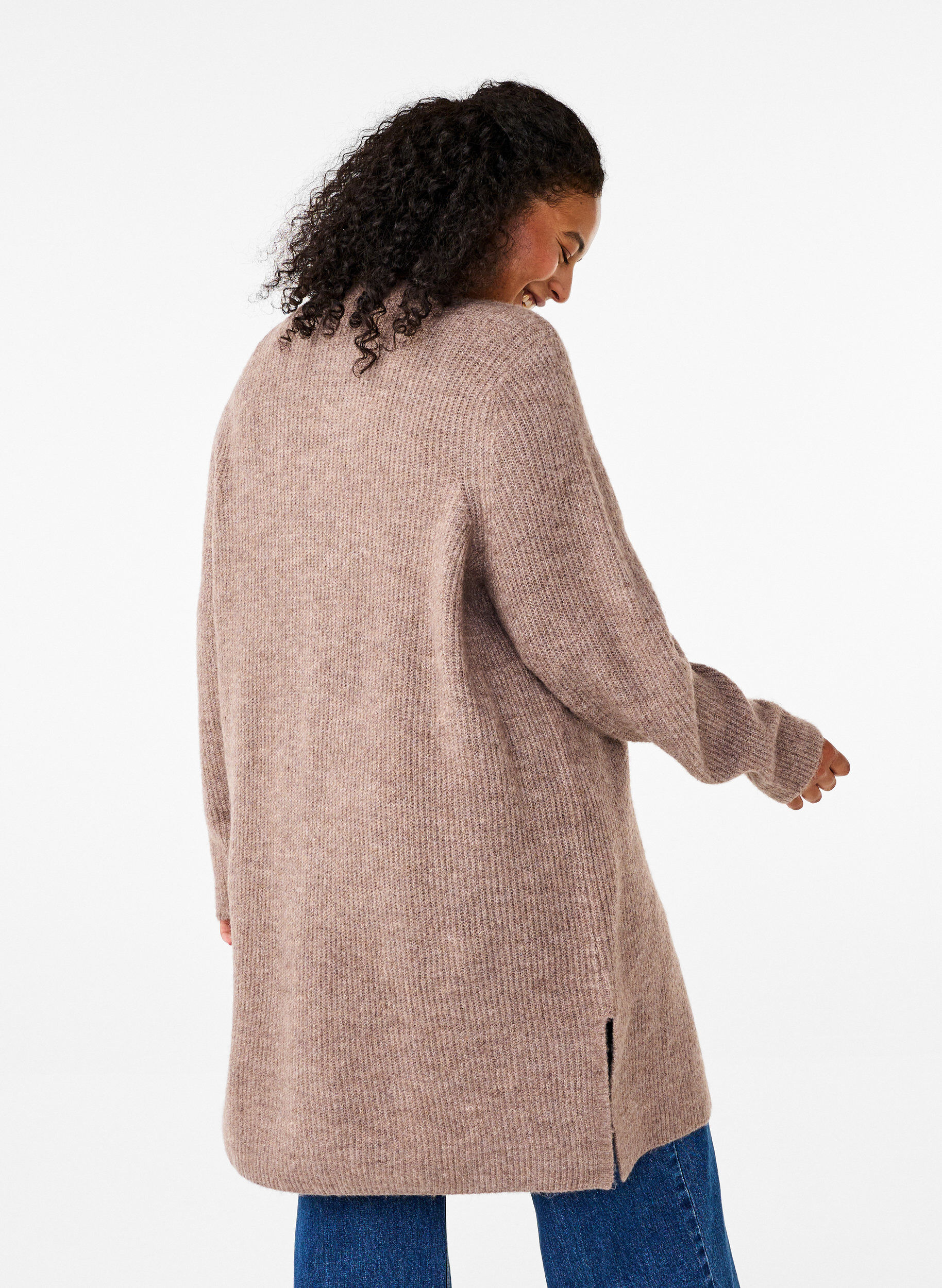 Zizzi FLASH - Ribbestrikket cardigan med splitter, Brown Lentil Melange, Model image number 1