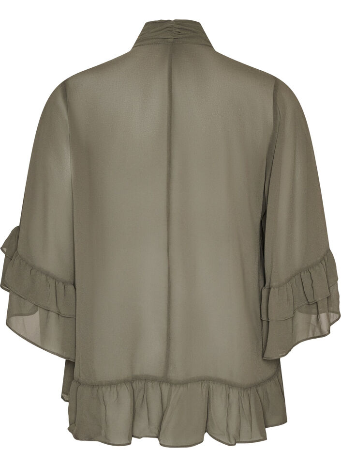 Bluse med knyteb&aring;nd og volangdetaljer, Gr&aring;, Packshot image number 1