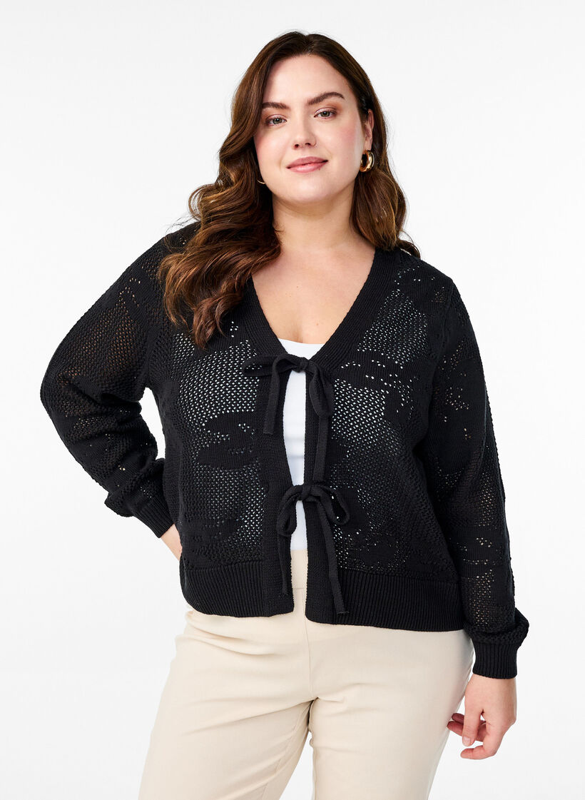 Strikket cardigan med åpenstrikket mønster og knytesnorer, Black, Model image number 0