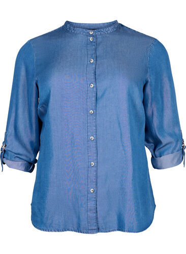 Skjorte med 3/4-ermer og rund hals, Medium Blue Denim, Packshot image number 0