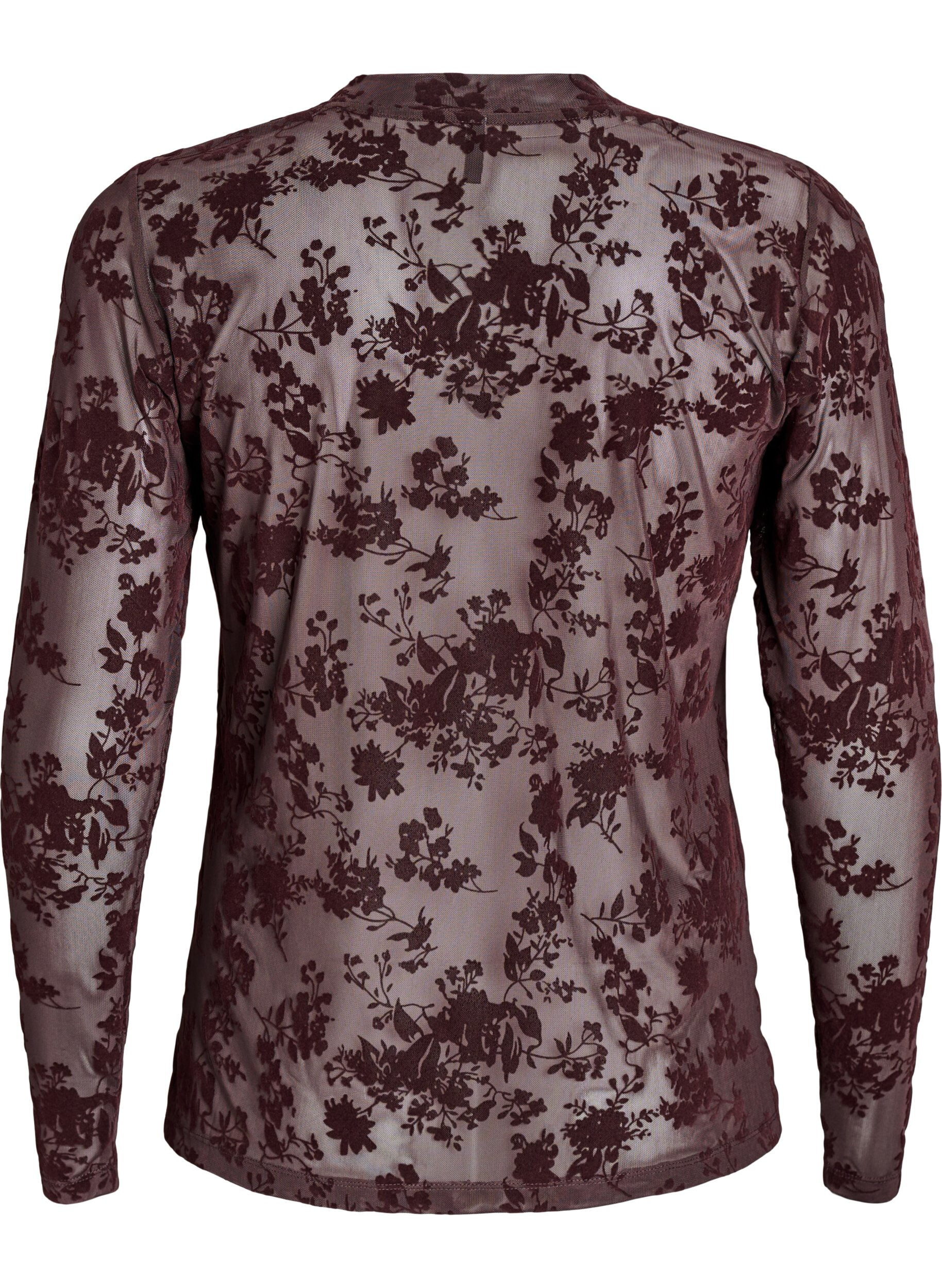 Zizzi Bluse i mesh med blomster-m&oslash;nster, Brun, Packshot image number 1
