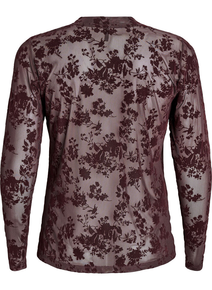 Bluse i mesh med blomster-mønster, Brun, Packshot image number 1