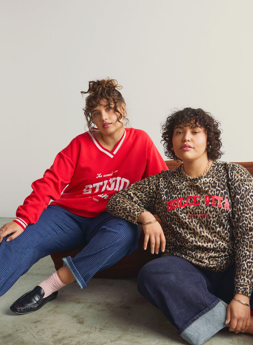 Genser med V-hals og teksttrykk, Rød, Image