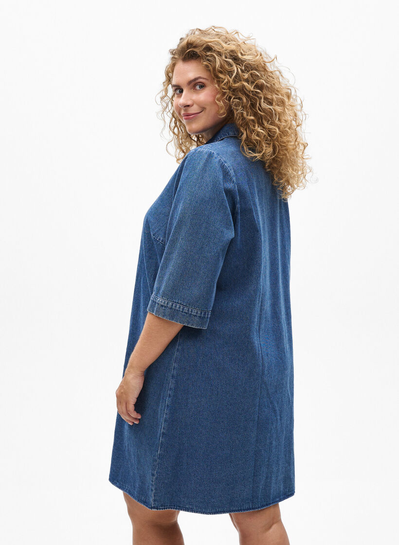 Kort denimkjole med glidelås og 3/4 ermer, Blue Denim, Model