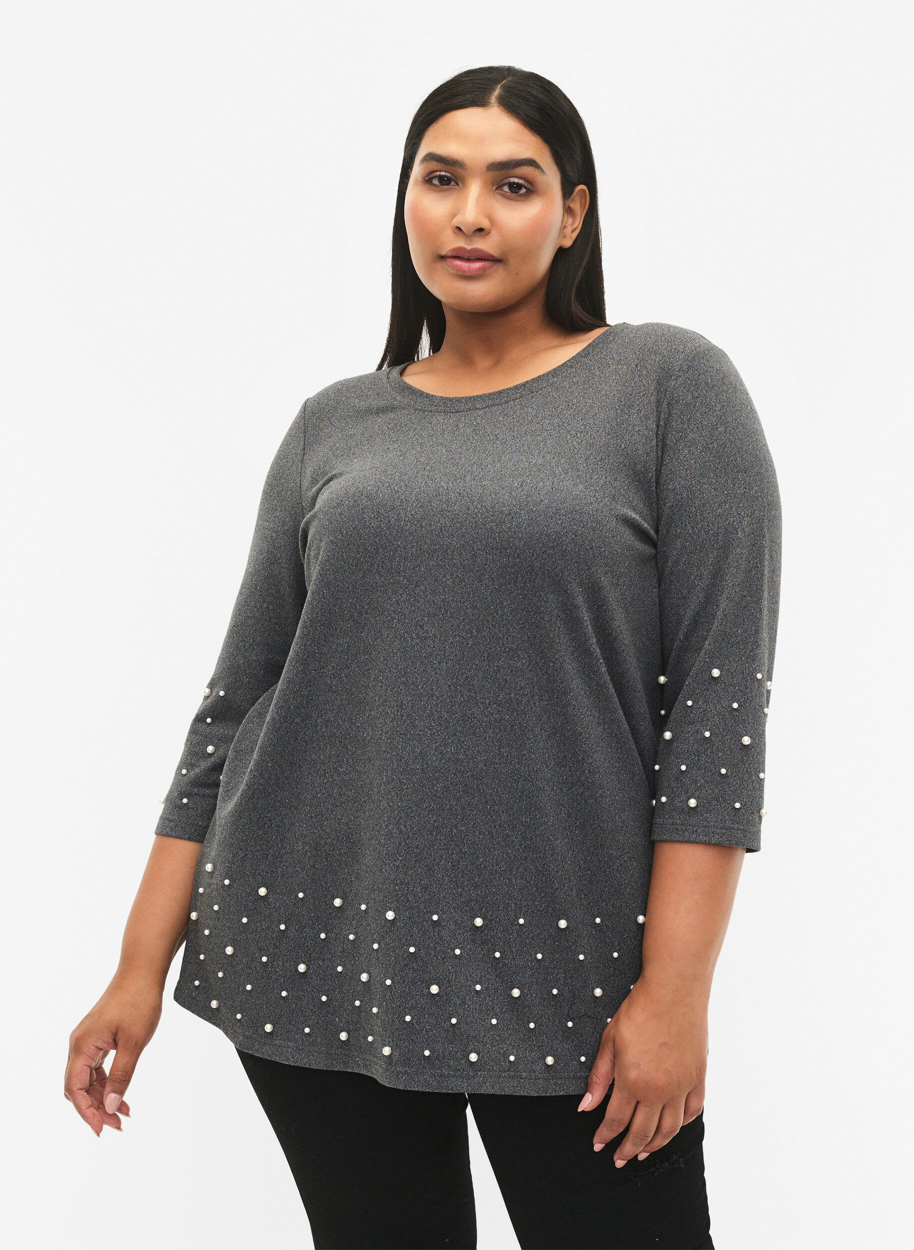 Zizzi Bluse med perler og 3/4-ermer, Dark Grey Melange, Model image number 0