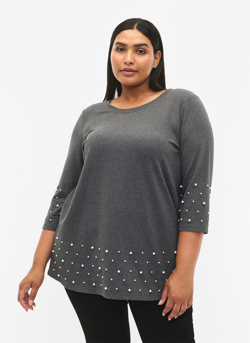 Bluse med perler og 3/4-ermer, Dark Grey Melange, Model image number 0