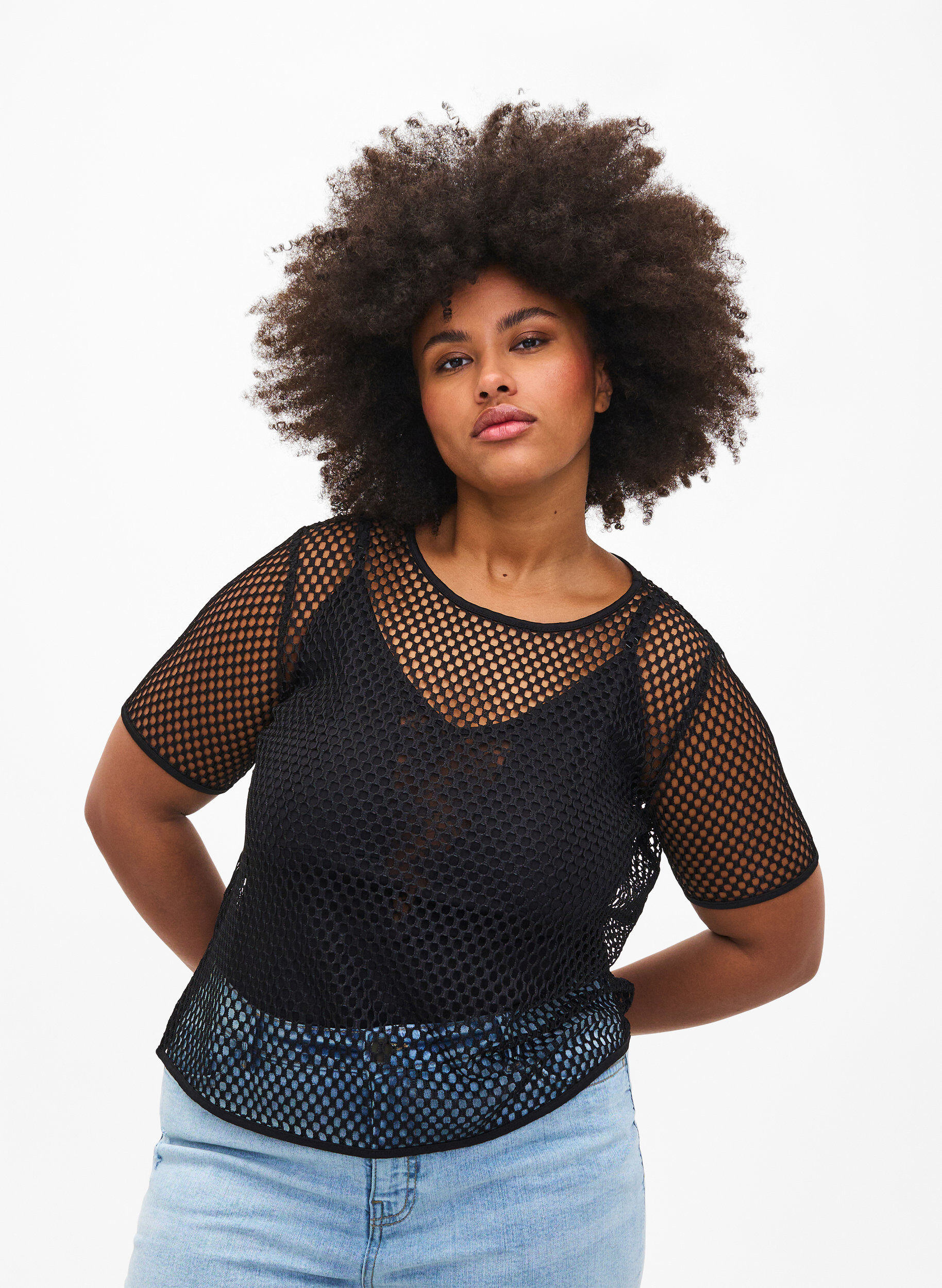 Zizzi Bluse i netting med korte ermer, Black, Model image number 0