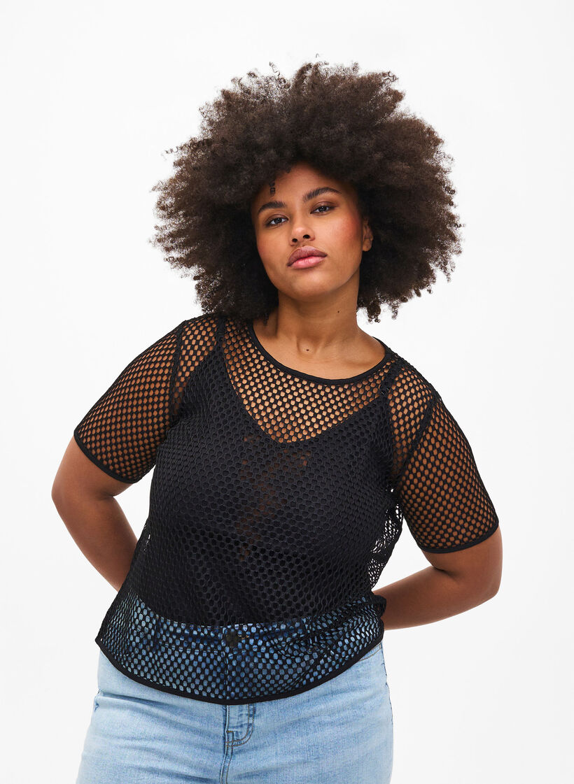 Bluse i netting med korte ermer, Black, Model image number 0