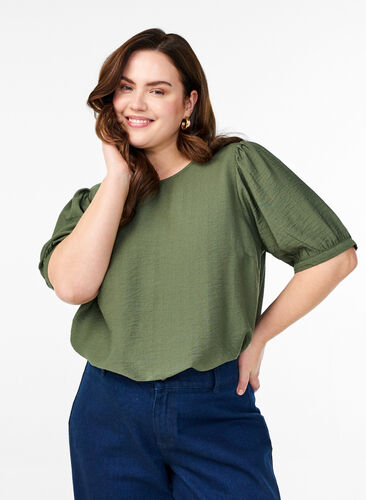 Zizzi Viskose bluse med 1/2 ermer, Grønn, Model image number 0