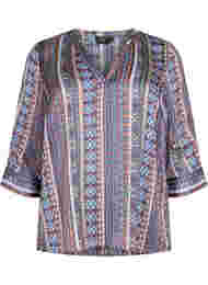 Bluse med mønster og 3/4-ermer, Brown Blue Ethnic