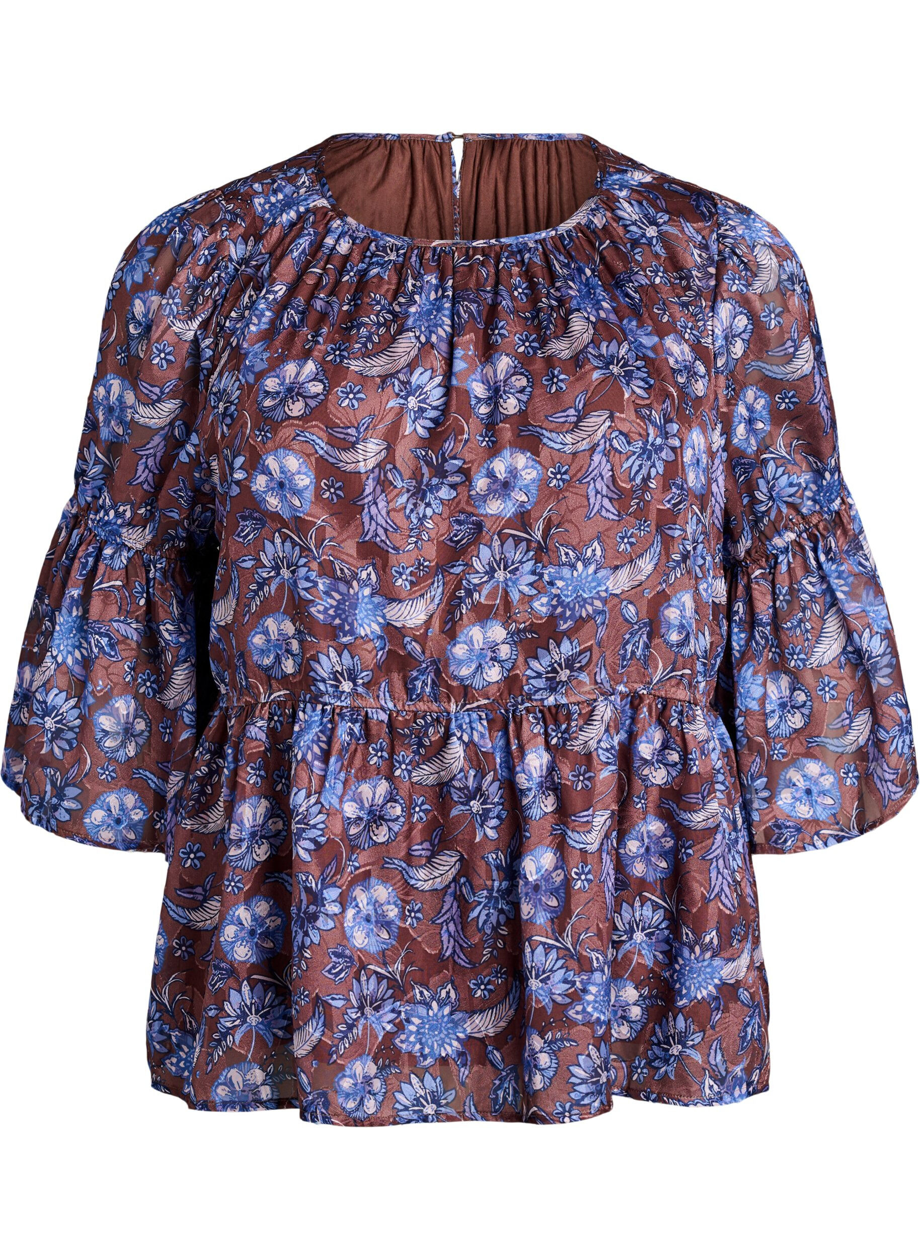 ZizziBluse med blomster og volangermer, Brun, Packshot image number 0