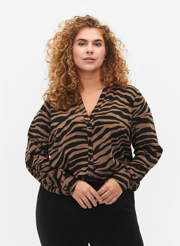 Skjorte med v-hals og sebratrykk, Black/Brown Zebra, Model image number 0