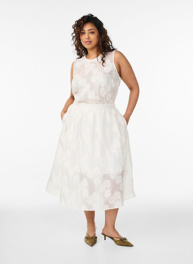 Ermel&oslash;s topp i jacquard med en blomstrete tekstur, Vanilje, Model image number 1