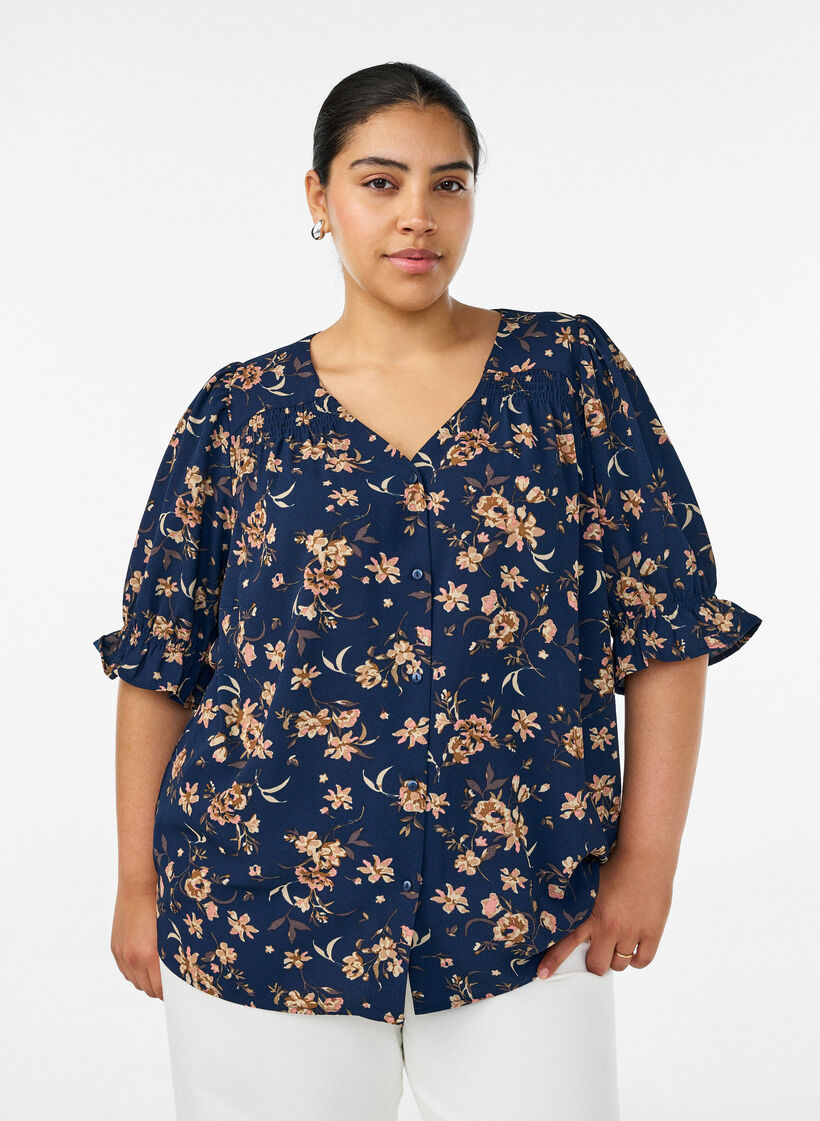 Skjortebluse med 1/2 ermer, Bl&aring;, Model image number 0
