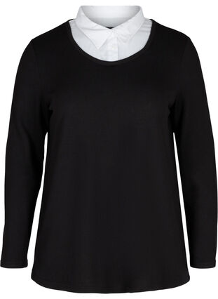 Ensfarget bluse med lange ermer og krage, Black, Packshot image number 0
