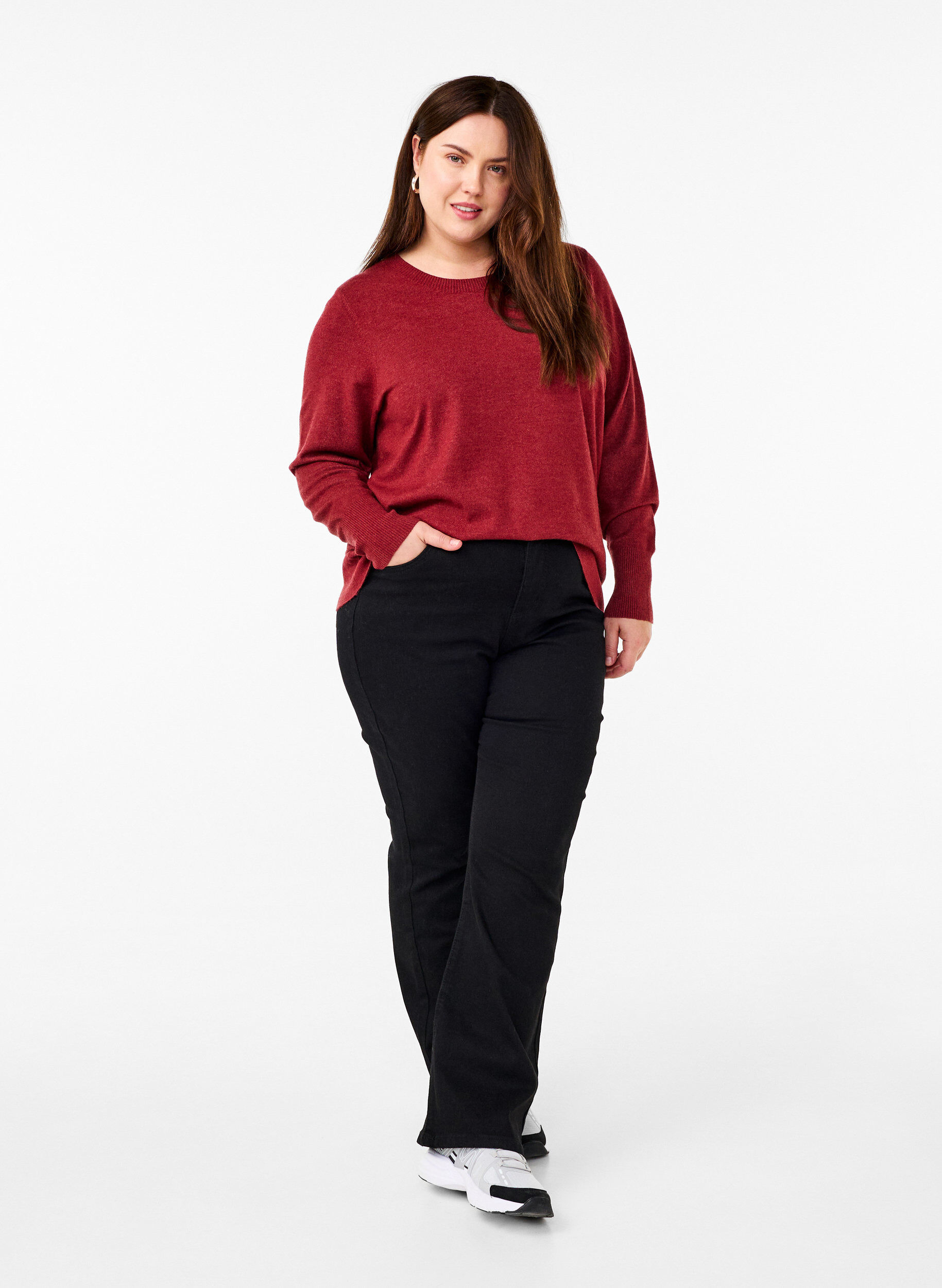 ZizziStrikket bluse med rund hals, R&oslash;d, Model image number 1