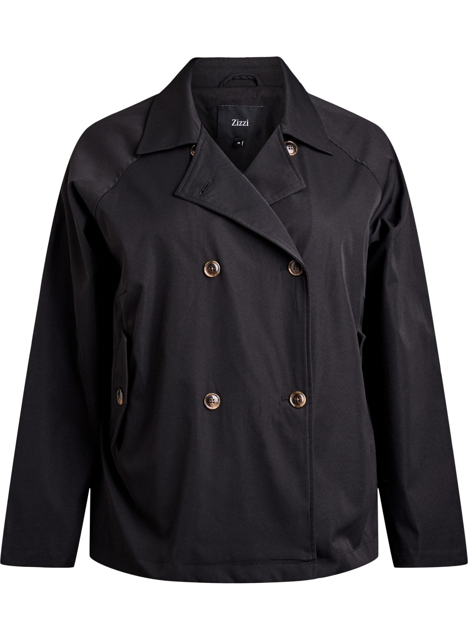Zizzi Kort trenchcoat med lommer, Svart, Packshot image number 0