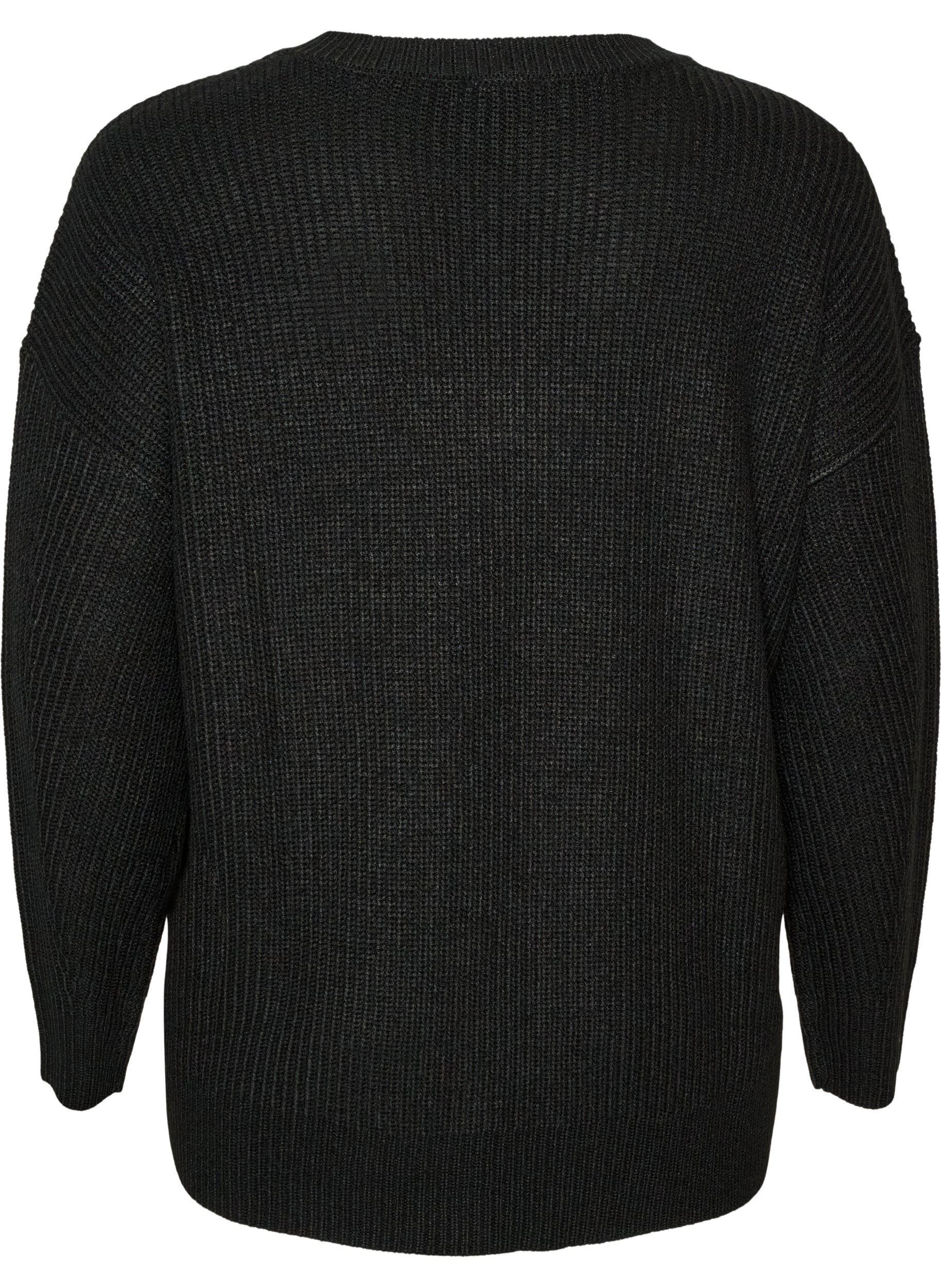 ZizziLang ribbestrikket bluse med V-hals, Svart, Packshot image number 1