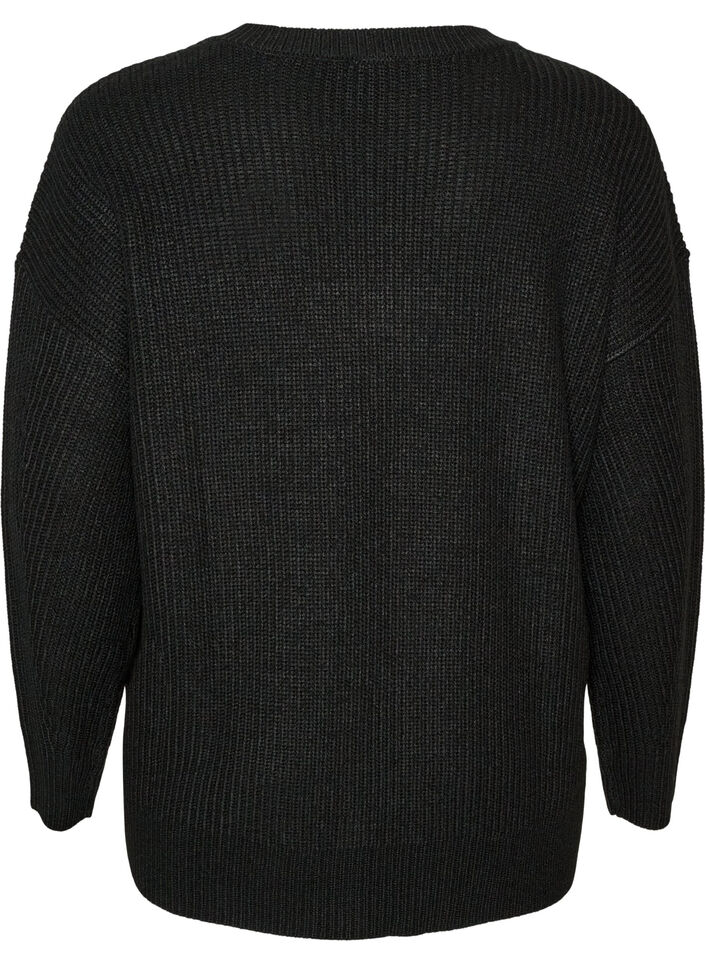 Lang ribbestrikket bluse med V-hals, Svart, Packshot image number 1