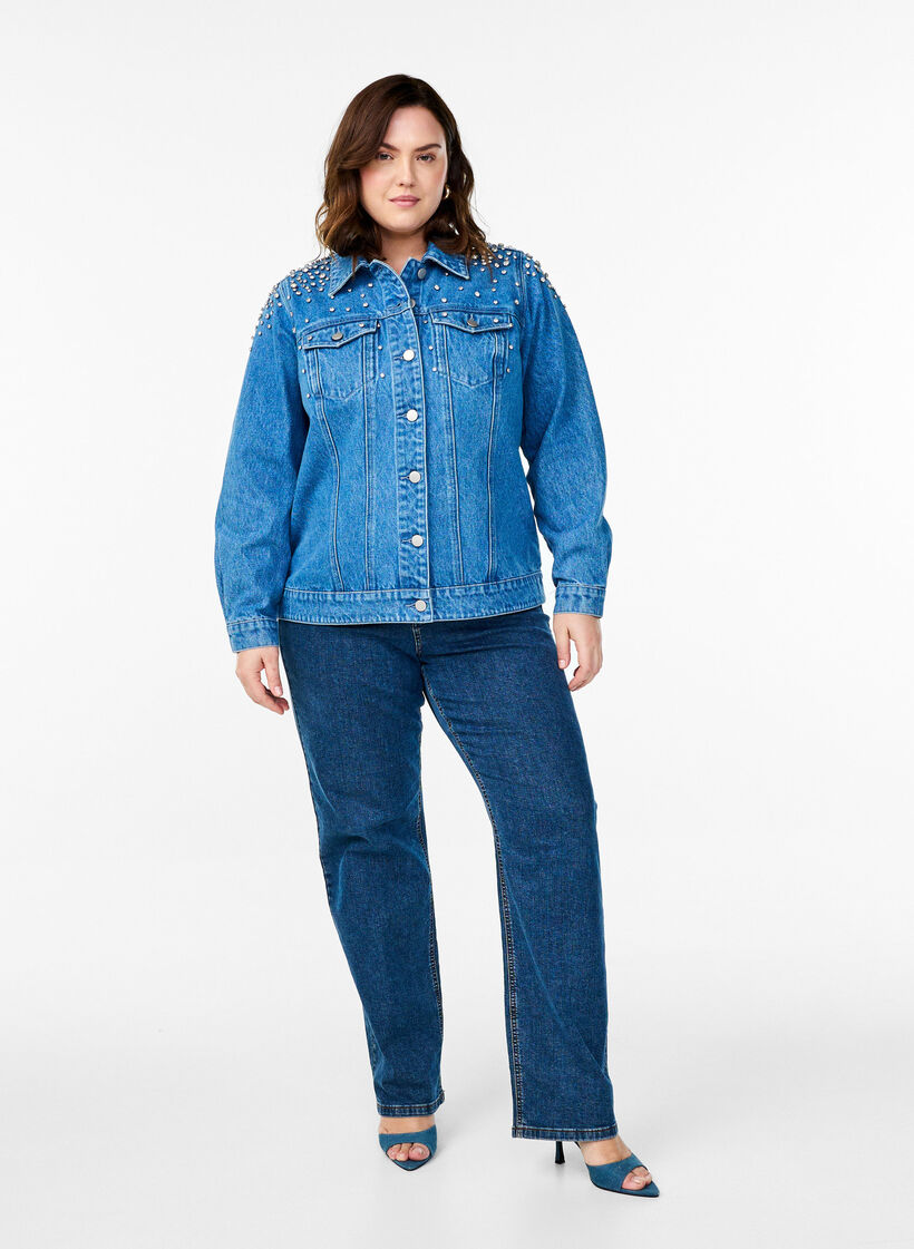 Denimjakke med rhinesteiner, Blue Denim, Model