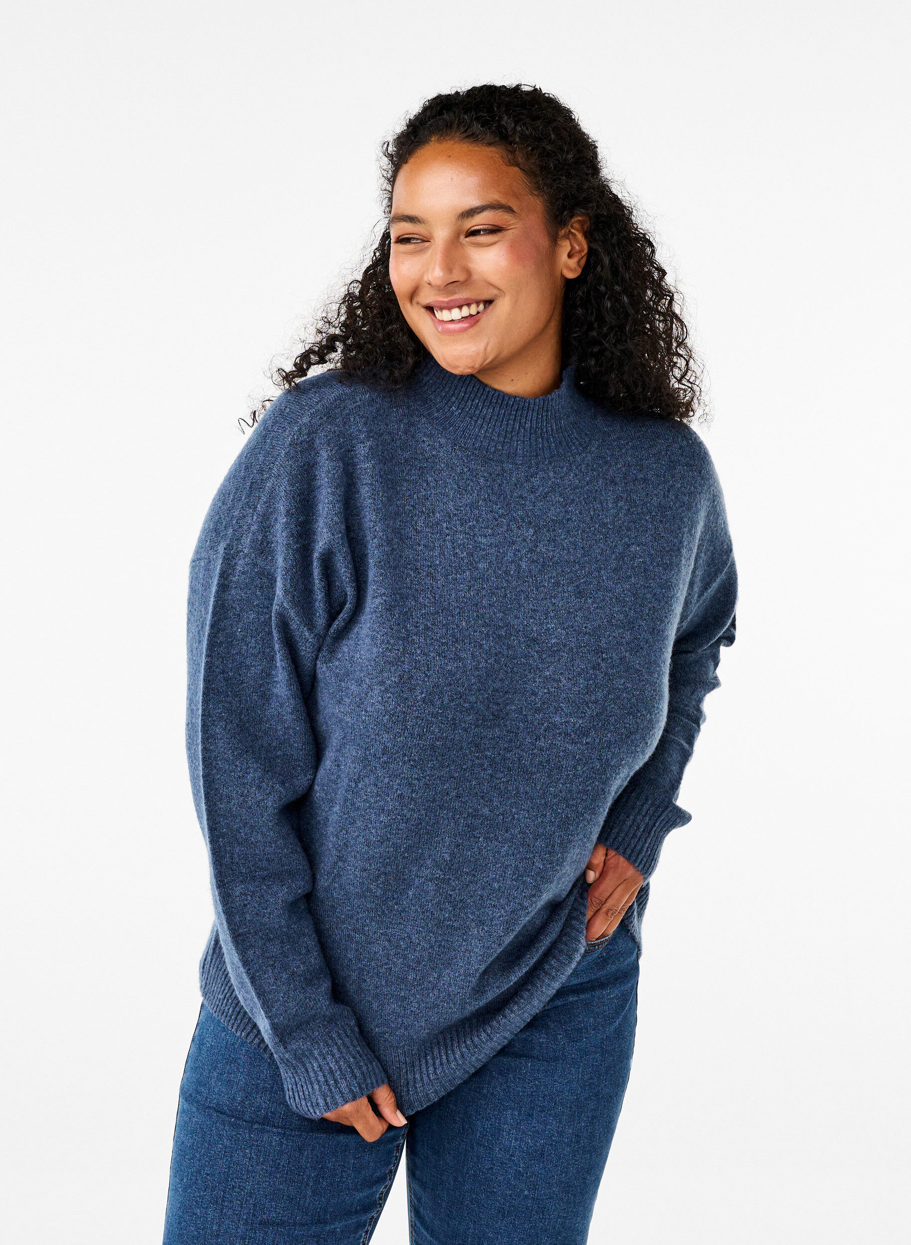 Zizzi Strikket ullbluse med h&oslash;y hals, Bering Sea Mel., Model image number 0