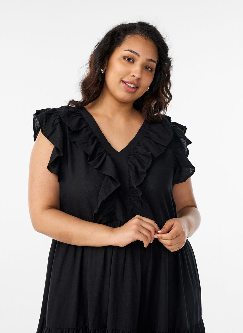 Ermel&oslash;s midikjole i lin og viskose med volanger, Svart, Model image number 2