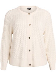 Flettestrikket cardigan med gullfargede knapper, Vanilje