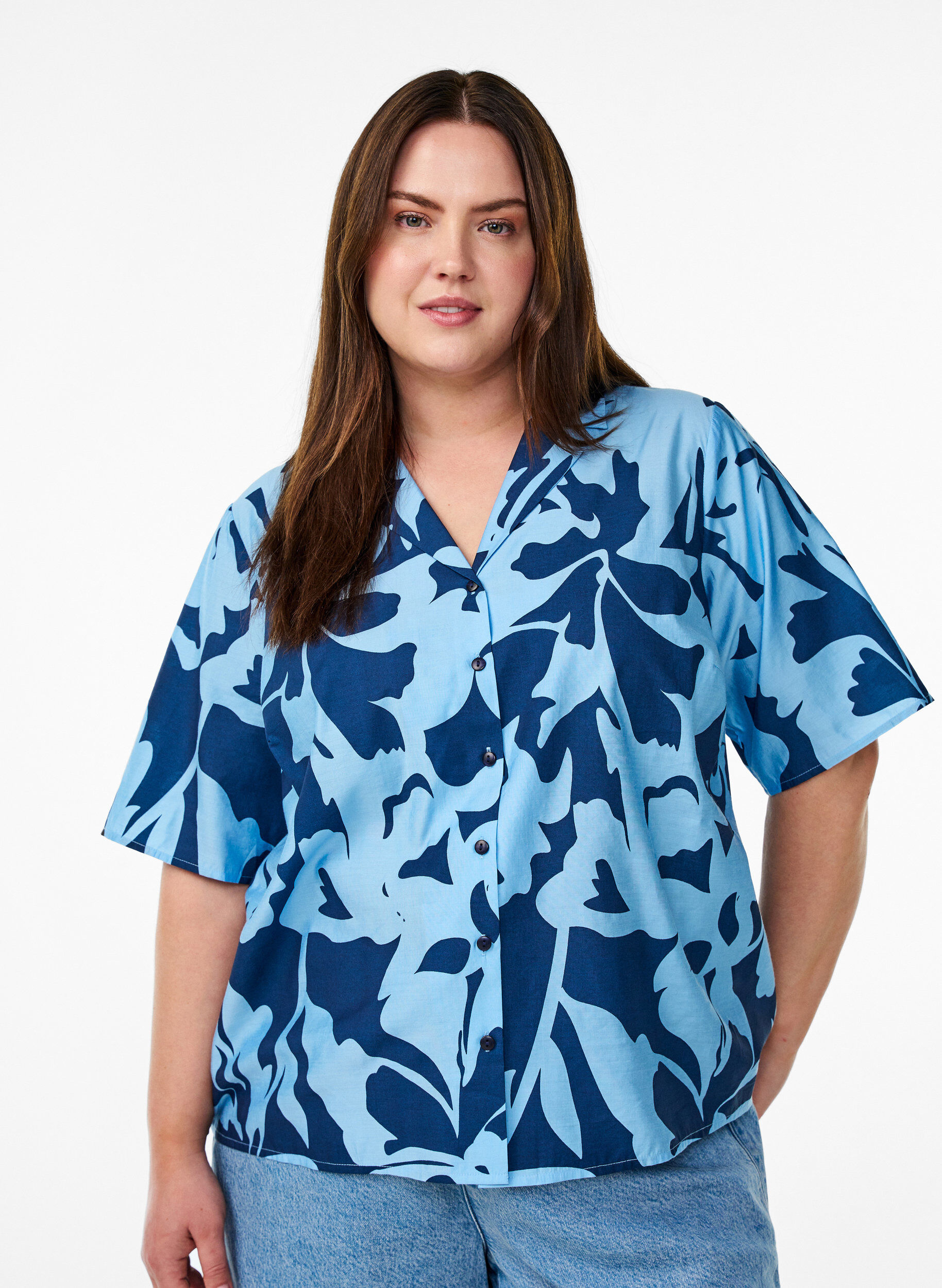 Skjorte bluse med print og V-hals, Bl&aring;, Model