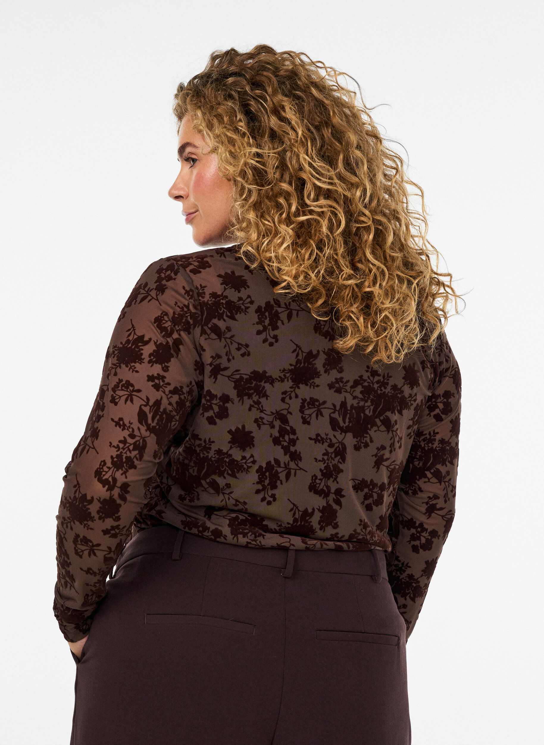 ZizziMeshbluse med blomstertrykk, Brun, Model image number 2