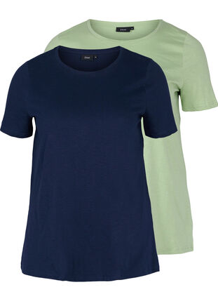 2 stk. kortermet T-skjorter i bomull, Navy B/Reseda, Packshot image number 0