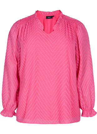 Bluse med lange ermer og volangdetaljer, Shocking Pink, Packshot image number 0
