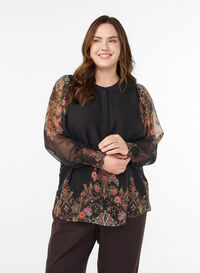 Bluse med paisley-trykk og gjennomsiktige ermer, Svart Bluse med paisley-trykk og gjennomsiktige ermer, Svart, Model