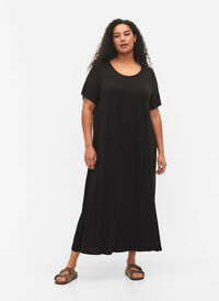 Midikjole i viskose med korte ermer, Black, Model