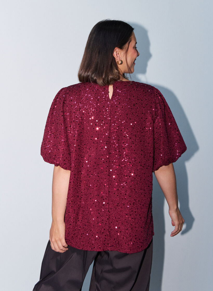 Paljettbluse med ballongermer, R&oslash;d, Model image number 2