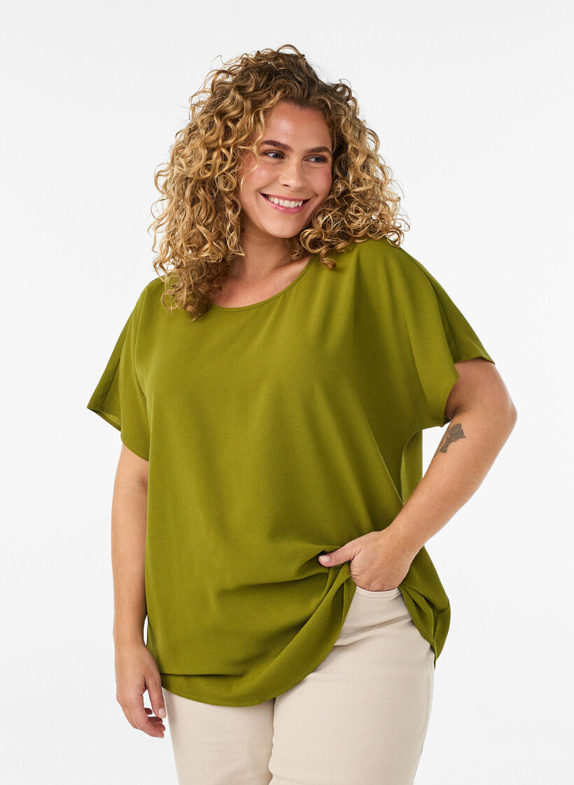 Kortermet bluse med rund hals, Gr&oslash;nn, Model image number 0