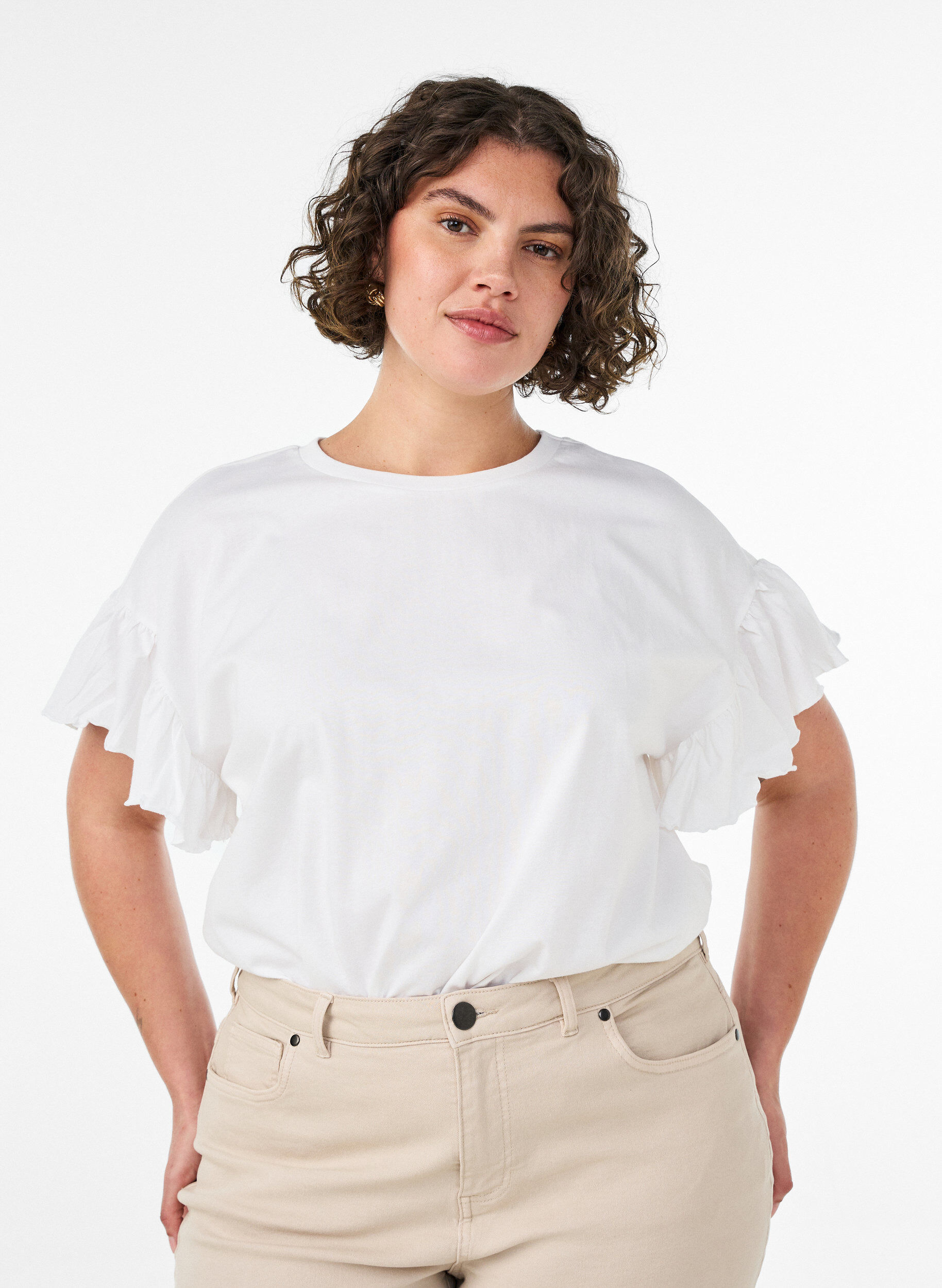 Zizzi&Oslash;kologisk bomulls T-skjorte med volangermer, Hvit, Model image number 0