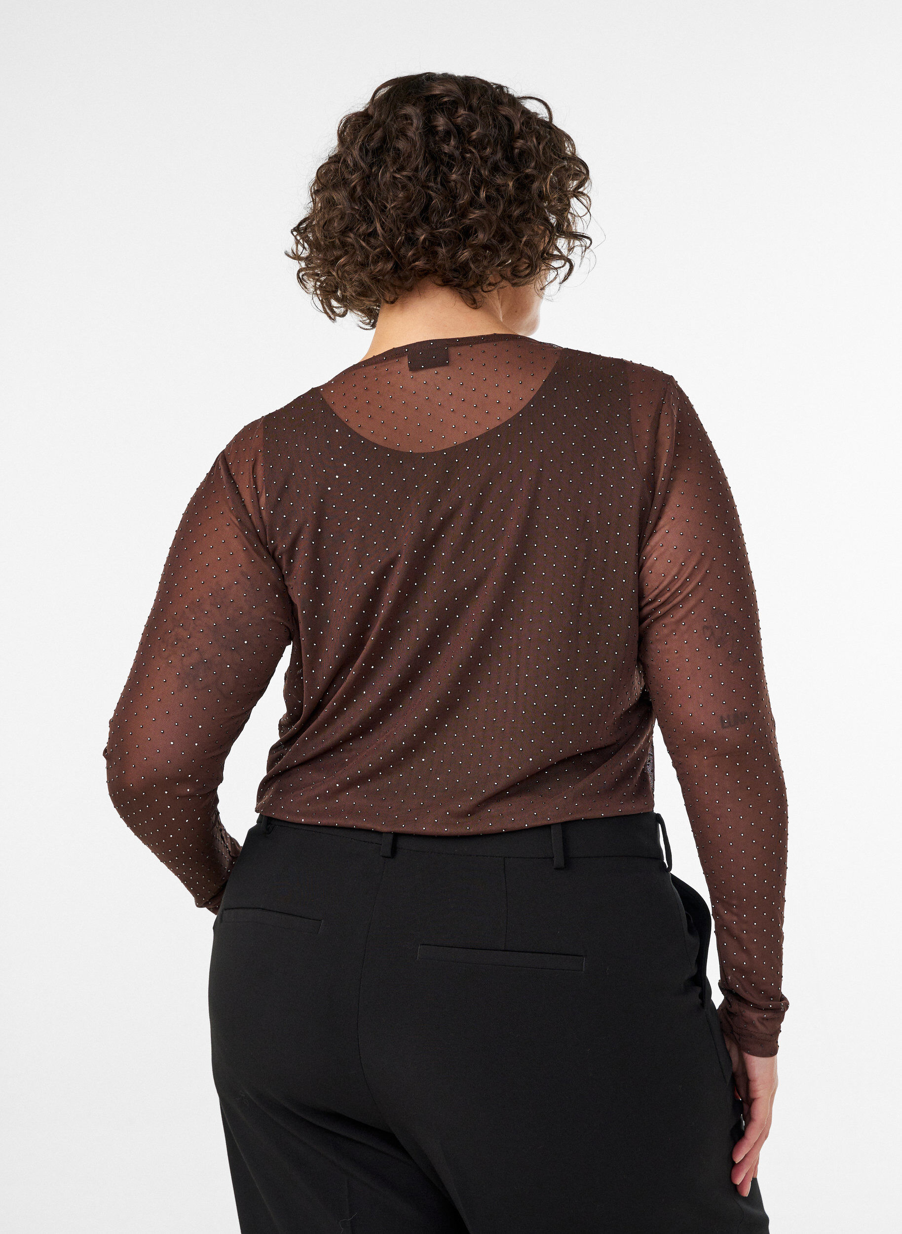 ZizziGjennomsiktig meshbluse med rhinesteiner, Brun, Model image number 2