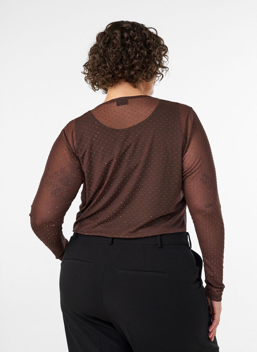 Gjennomsiktig meshbluse med rhinesteiner, Brun, Model image number 2