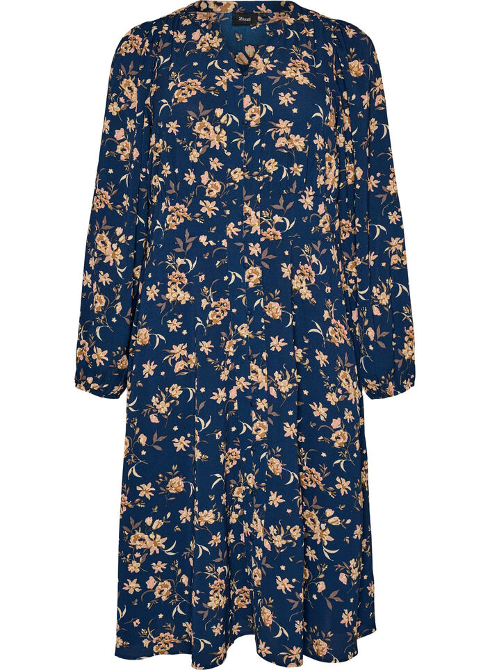 Midikjole med smock og dekorative knapper, Bl&aring;, Packshot image number 0