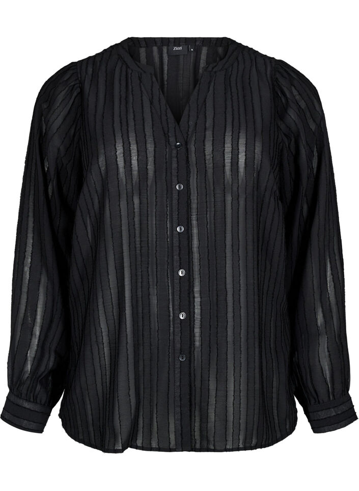 Stripete skjortebluse med gjennomsiktige striper, Svart, Packshot image number 0