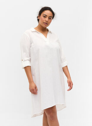 Stripet kjole i bomull og lin, White, Model image number 0