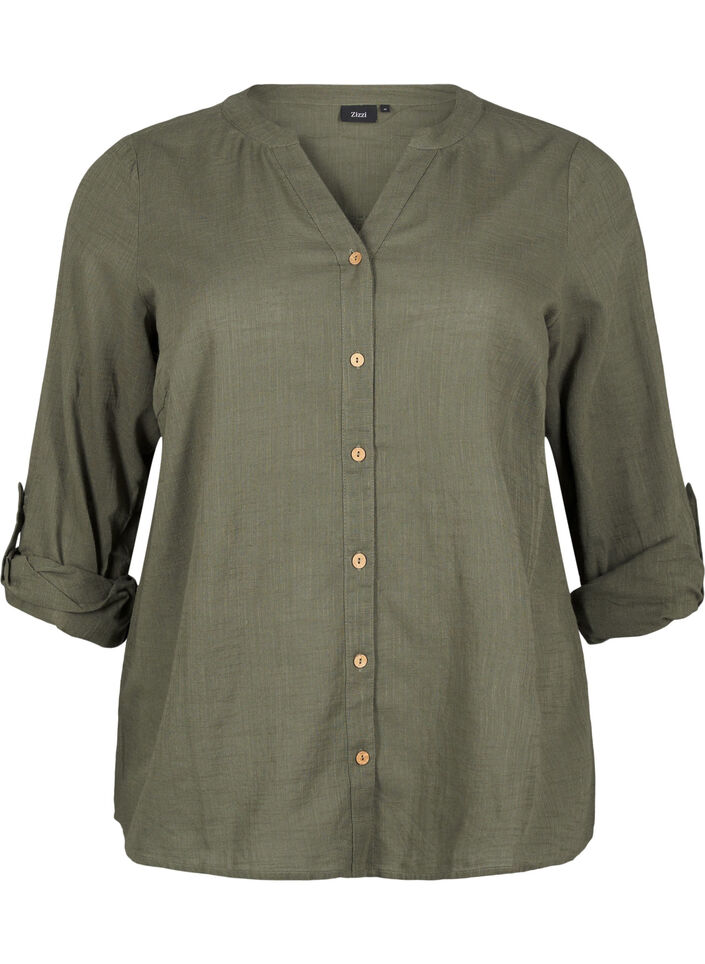 Bomullsbluse med V-hals, Gr&oslash;nn, Packshot image number 0