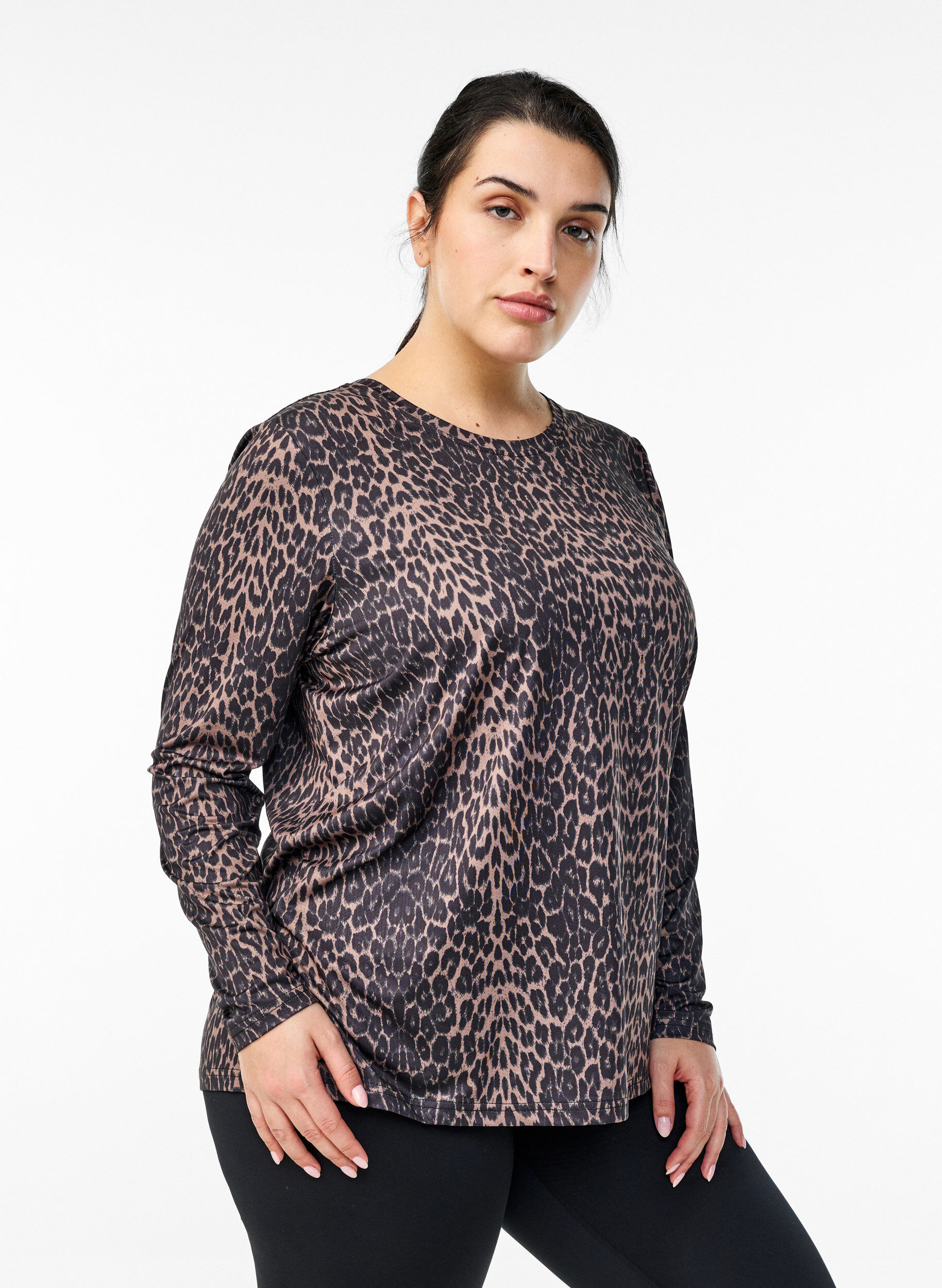 Zizzi Langermet treningstopp med leopardtrykk, Brun, Model image number 0
