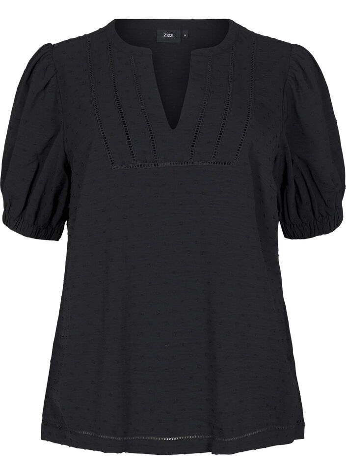Bluse med korte puff ermer og prikkete tekstur, Black, Packshot image number 0