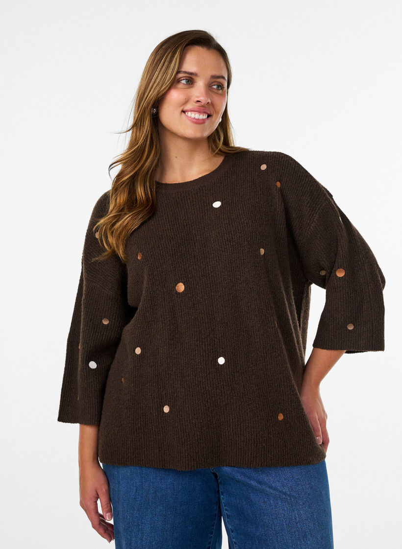 Strikkebluse med sm&aring; broderte motiver, Brun, Model image number 0