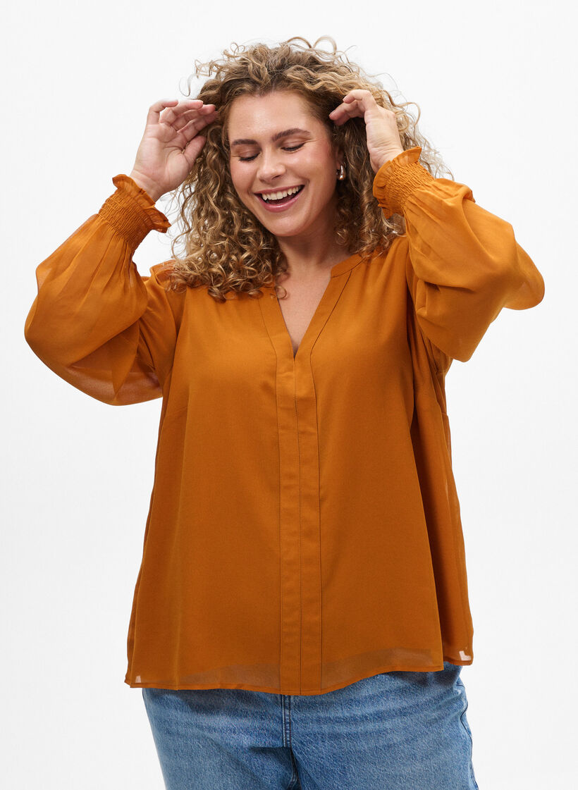 Bluse med gjennomsiktige ermer og smockdetaljer, Pumpkin Spice, Model