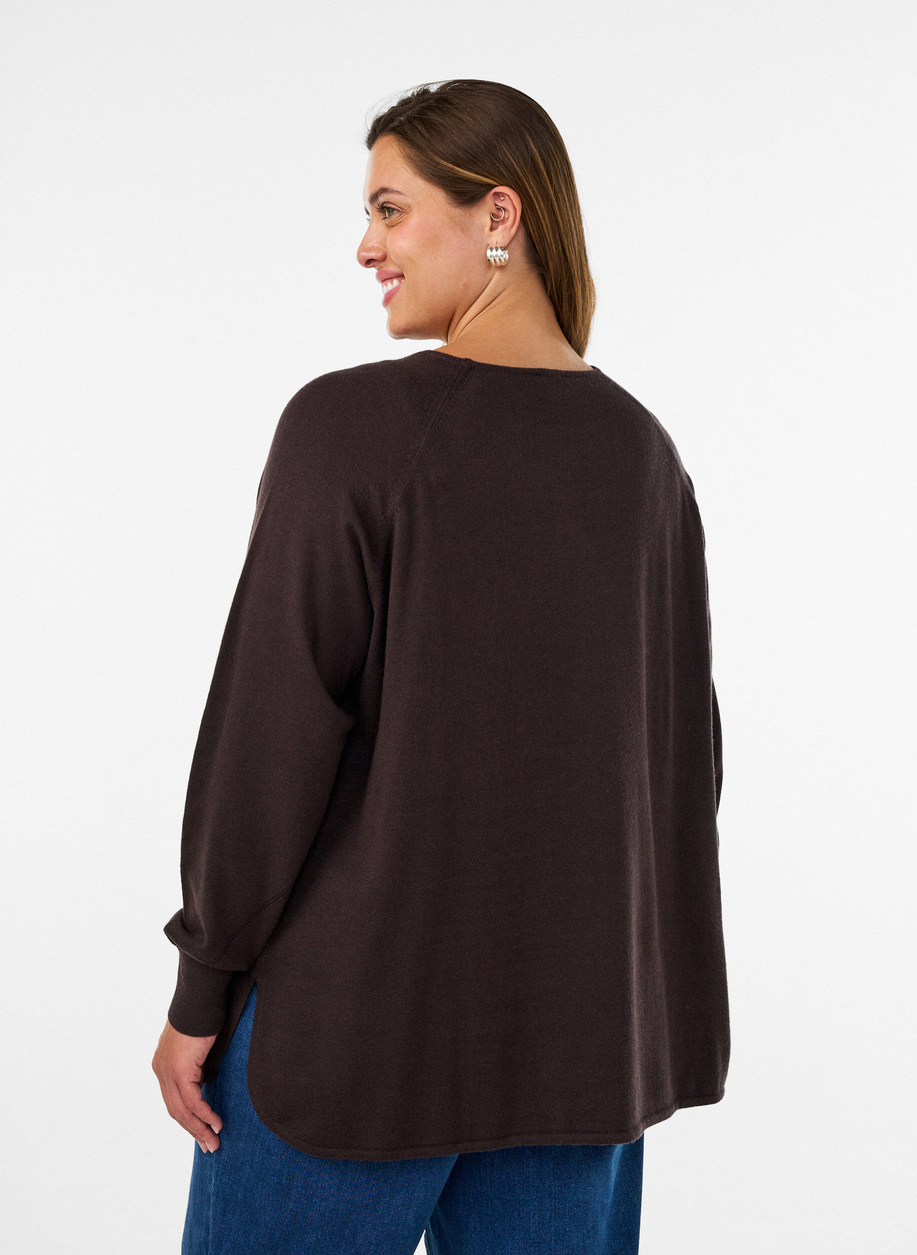ZizziStrikket bluse med rund hals og strikket m&oslash;nster, Brun, Model image number 2