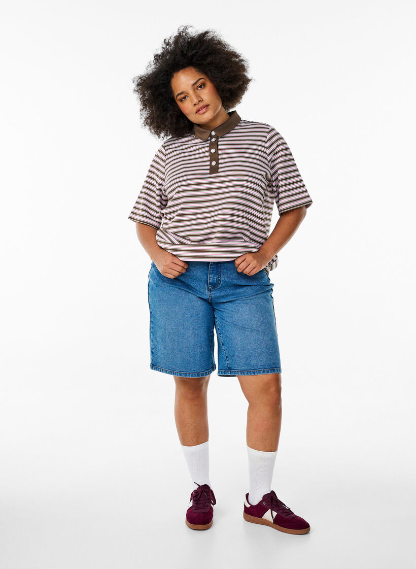 Stripete poloskjorte med korte ermer og knapper, Brun, Model image number 1