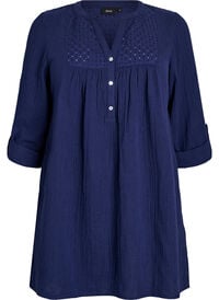 Bomulds muslin-tunika med broderie anglaise, Blå Bomulds muslin-tunika med broderie anglaise