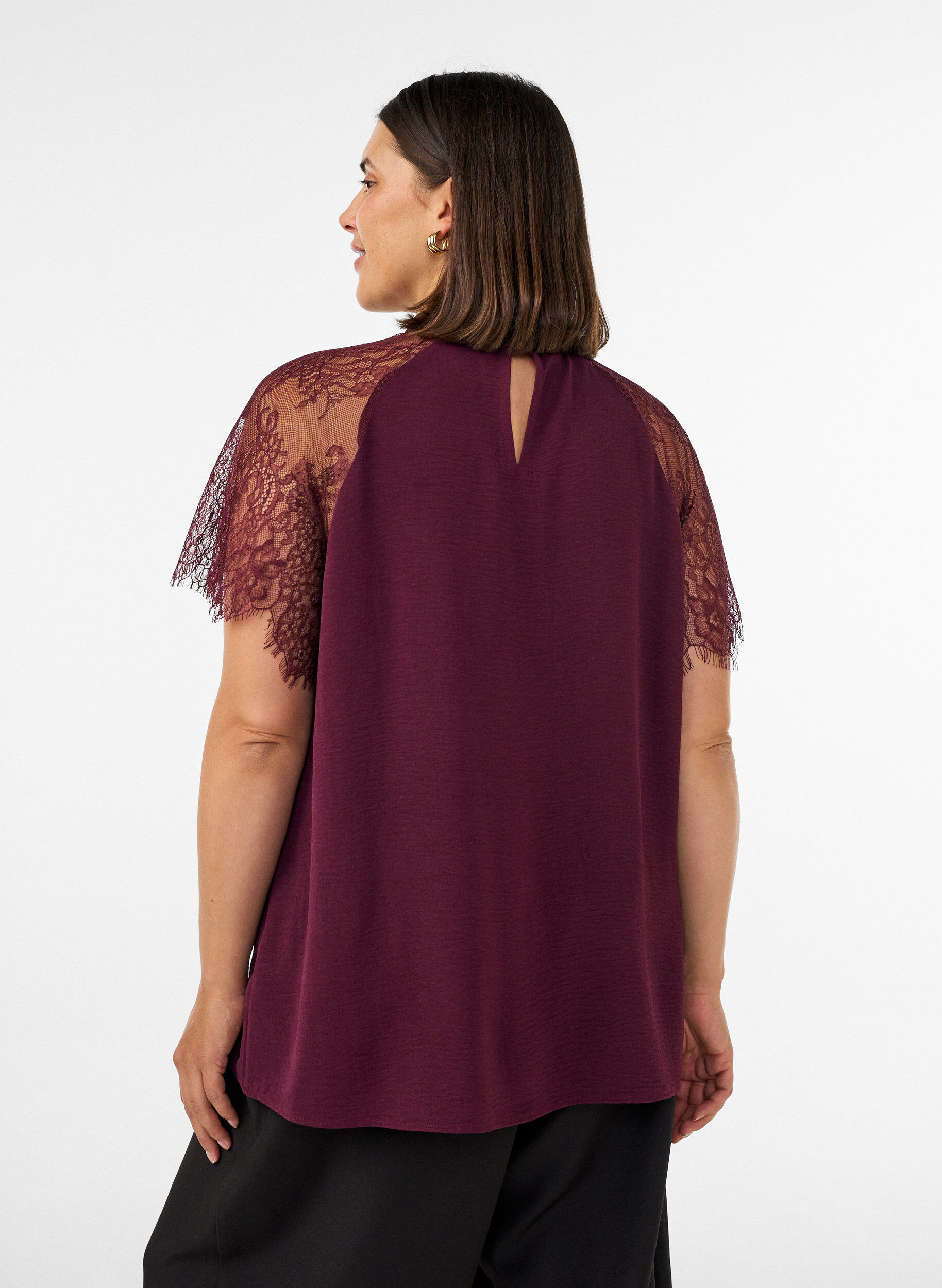 ZizziBluse med korte blondeermer og h&oslash;y hals, R&oslash;d, Model image number 2